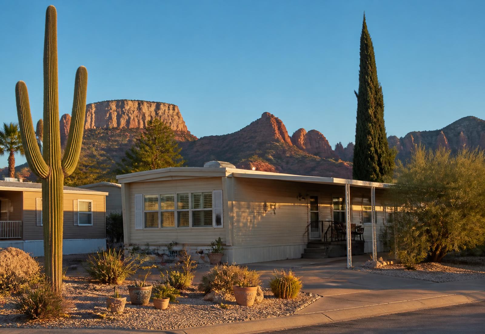 Manufactured home in an Arizona desert community with saguaro cactus and red rock mesas